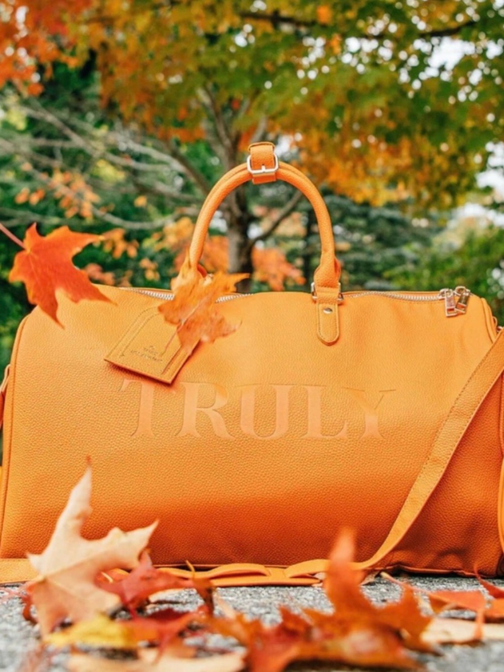 TRULY Bright Orange Leather Travel Duffel